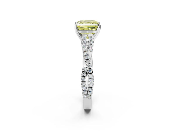White gold Fancy Yellow Princess Cut Diamond Solitaire Engagement Ring with Twisted Pavé Band and Four-Prong Setting