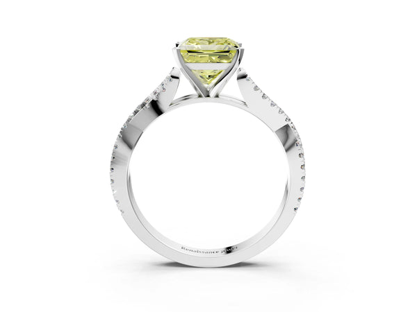 White gold Fancy Yellow Princess Cut Diamond Solitaire Engagement Ring with Twisted Pavé Band and Four-Prong Setting