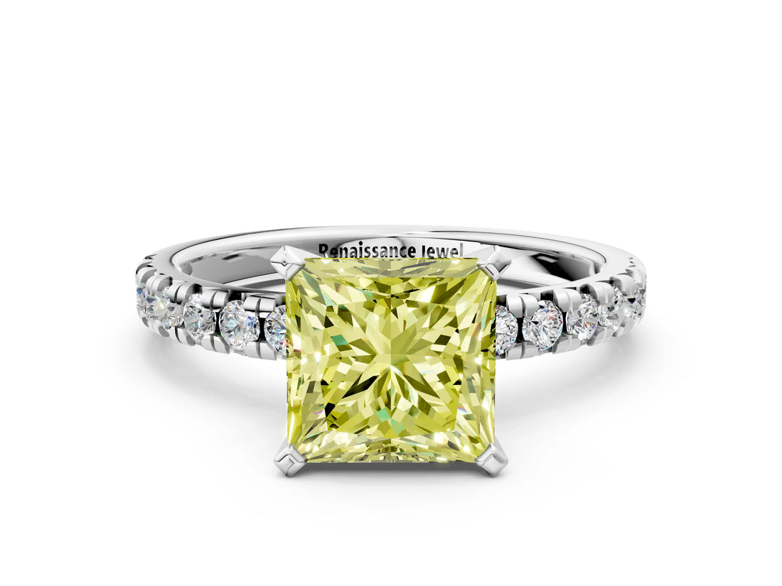 White gold Fancy Yellow Princess Cut Diamond Solitaire Pavé Engagement Ring with Round Band and Prong Setting_54