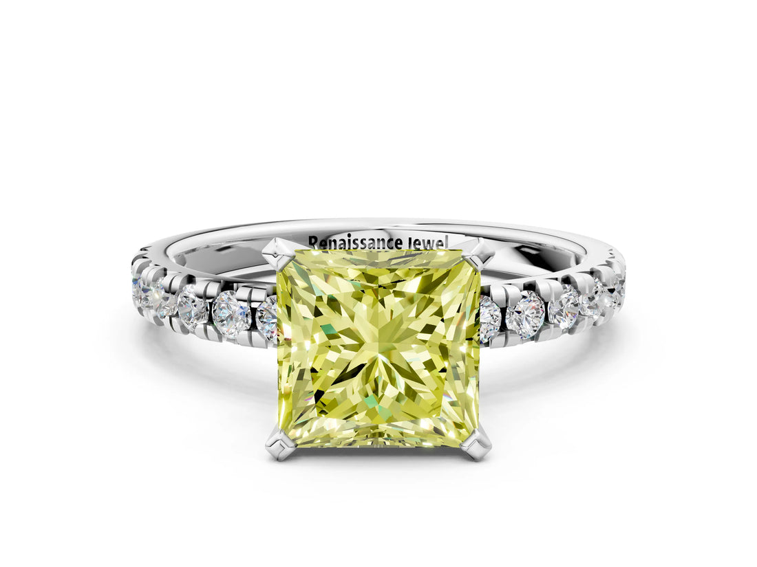 White gold Fancy Yellow Princess Cut Diamond Solitaire Pavé Engagement Ring with Round Band and Prong Setting_85