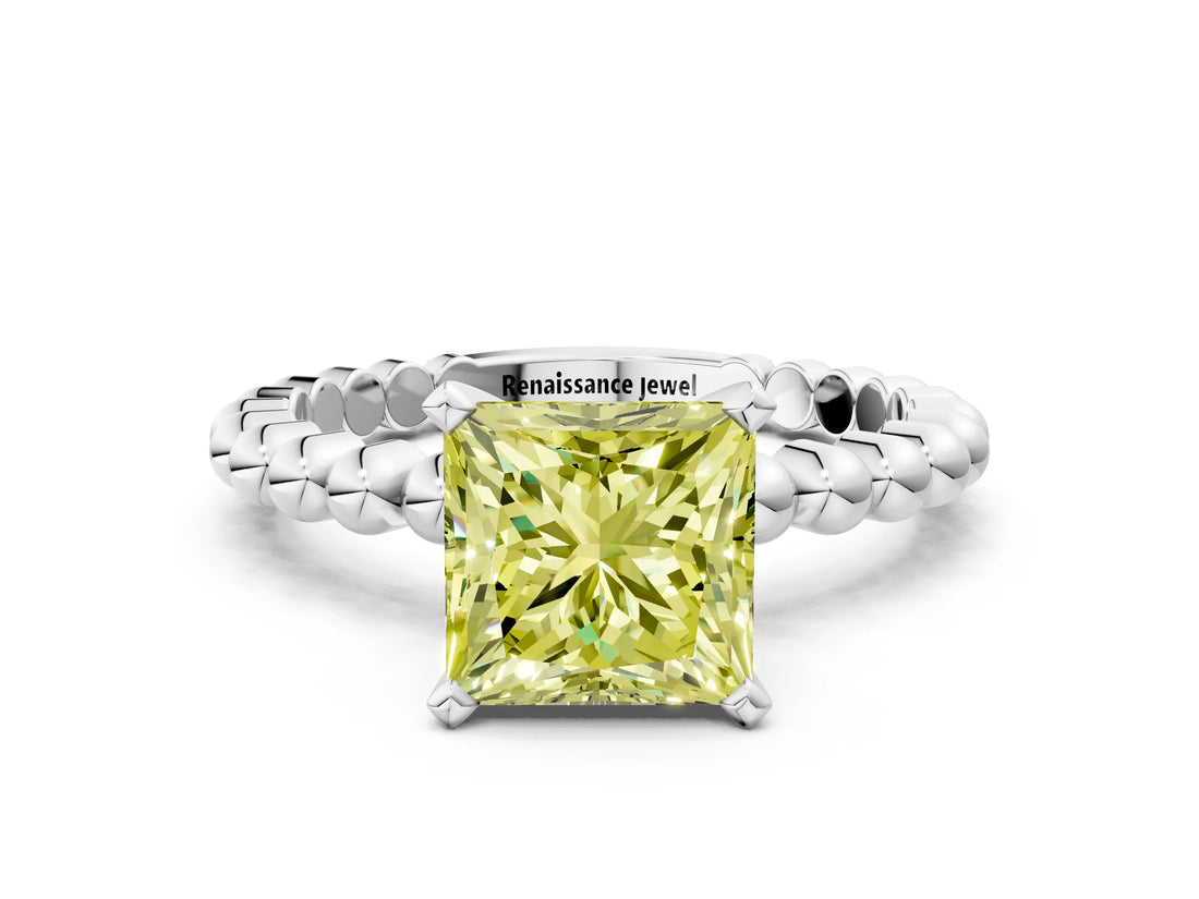 White gold Fancy Yellow Princess Cut Diamond Solitaire Ring with Beaded Band and Prong Setting_119