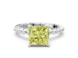 White gold Fancy Yellow Princess Cut Diamond Solitaire Ring with Beaded Band and Prong Setting_119