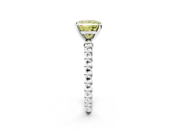 White gold Fancy Yellow Princess Cut Diamond Solitaire Ring with Beaded Band and Prong Setting
