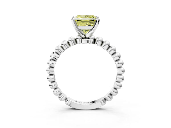 White gold Fancy Yellow Princess Cut Diamond Solitaire Ring with Beaded Band and Prong Setting