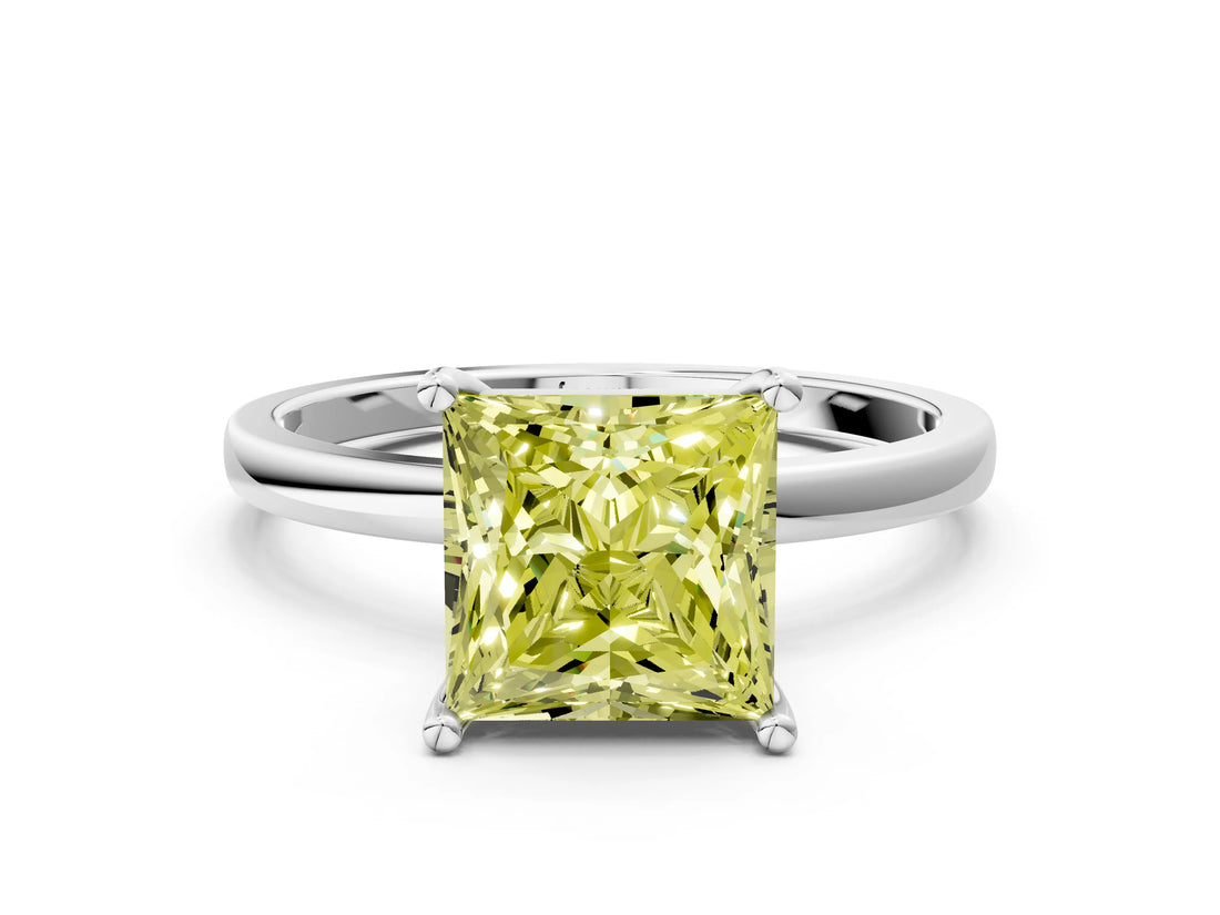 White gold Fancy Yellow Princess Cut Diamond Solitaire Ring with Classic Band and Four-Prong Setting