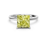 White gold Fancy Yellow Princess Cut Diamond Solitaire Ring with Classic Band and Four-Prong Setting