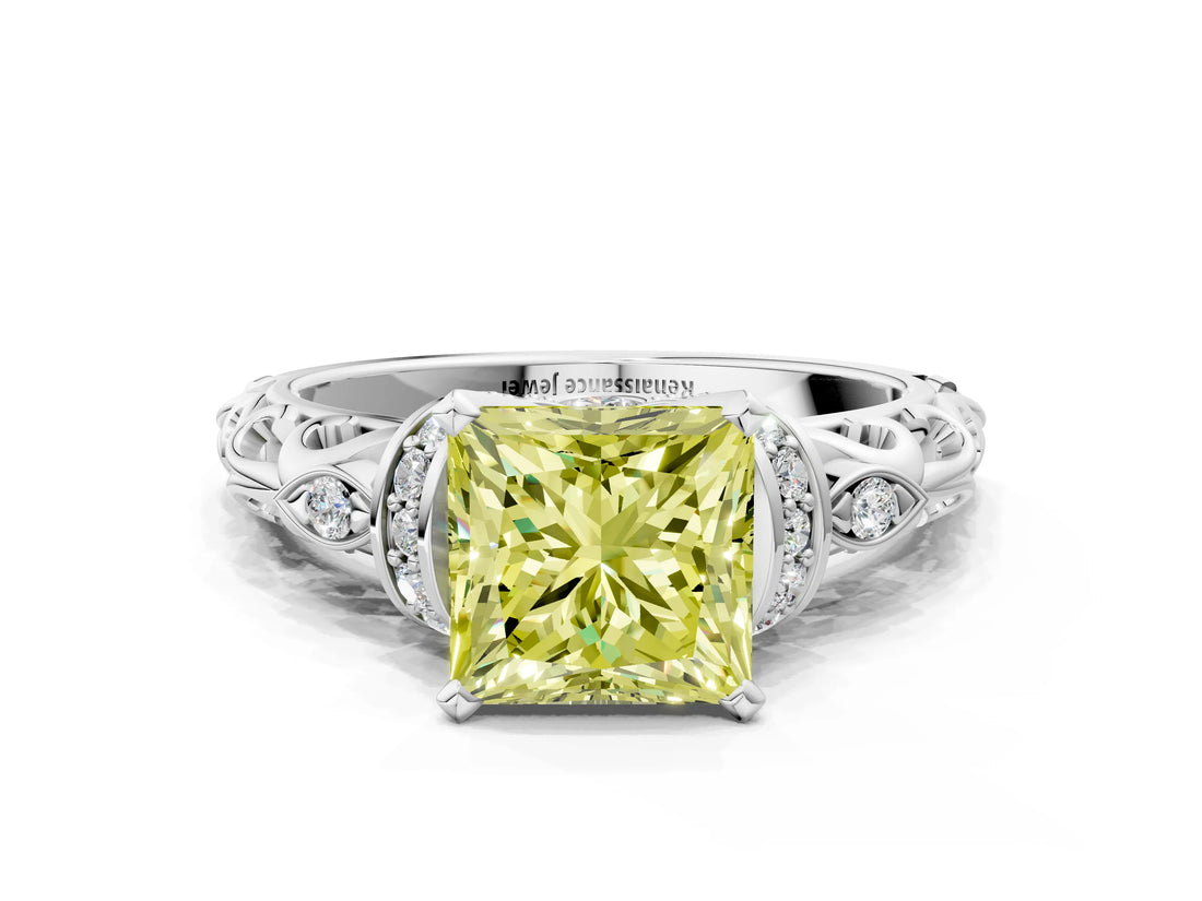 White gold Fancy Yellow Princess Cut Diamond Solitaire Ring with Filigree Band and Four-Prong Setting_16
