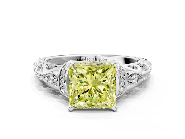 White gold Fancy Yellow Princess Cut Diamond Solitaire Ring with Filigree Band and Four-Prong Setting