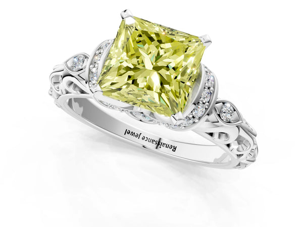 White gold Fancy Yellow Princess Cut Diamond Solitaire Ring with Filigree Band and Four-Prong Setting