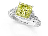 White gold Fancy Yellow Princess Cut Diamond Solitaire Ring with Filigree Band and Four-Prong Setting_18