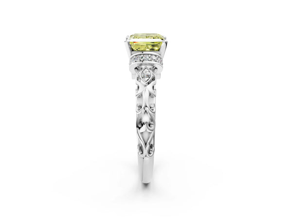 White gold Fancy Yellow Princess Cut Diamond Solitaire Ring with Filigree Band and Four-Prong Setting