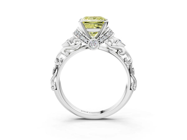 White gold Fancy Yellow Princess Cut Diamond Solitaire Ring with Filigree Band and Four-Prong Setting