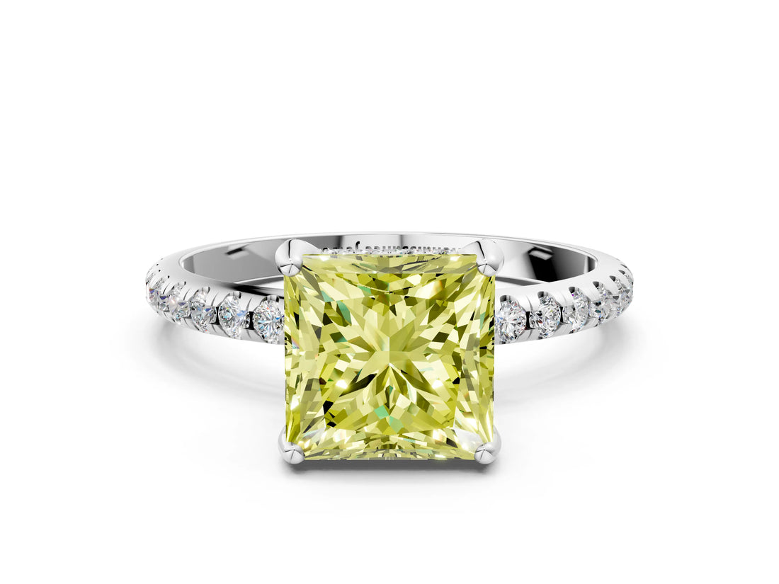 White gold Fancy Yellow Princess Cut Diamond Solitaire Ring with Four-Prong Setting and Pavé Band_3