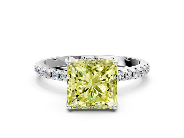 Platinum Fancy Yellow Princess Cut Diamond Solitaire Ring with Four-Prong Setting and Pavé Band