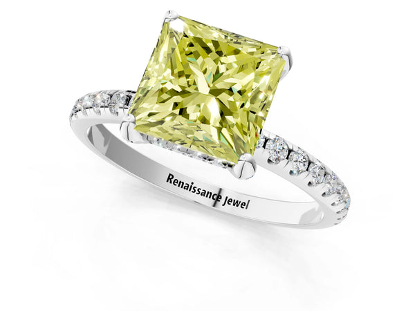 Platinum Fancy Yellow Princess Cut Diamond Solitaire Ring with Four-Prong Setting and Pavé Band