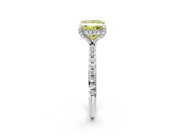 Platinum Fancy Yellow Princess Cut Diamond Solitaire Ring with Four-Prong Setting and Pavé Band