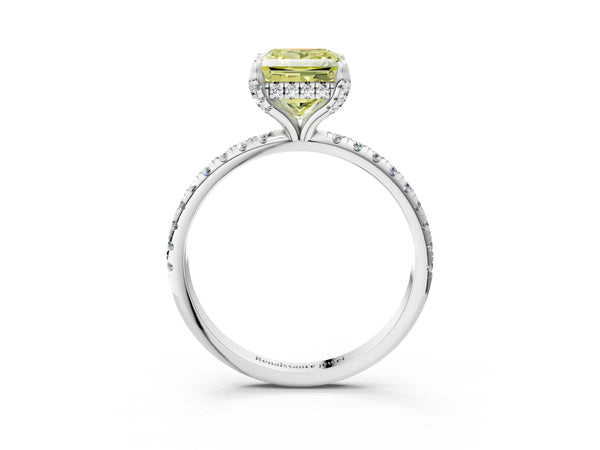 Platinum Fancy Yellow Princess Cut Diamond Solitaire Ring with Four-Prong Setting and Pavé Band