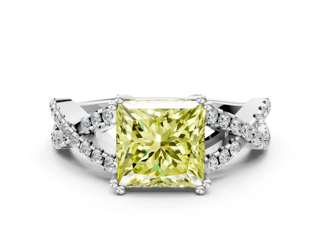 White gold Fancy Yellow Princess Cut Diamond Solitaire Ring with Four-Prong Setting and Twisted Pavé Band_17