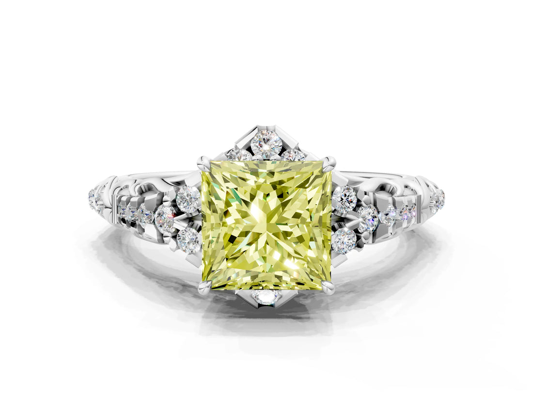 White gold Fancy Yellow Princess Cut Diamond Solitaire Ring with Hidden Halo and Pavé Band_39