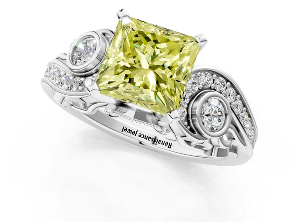 White gold Fancy Yellow Princess Cut Diamond Solitaire Ring with Milgrain Pavé Band and Four-Prong Setting