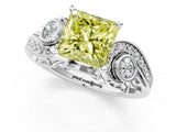 White gold Fancy Yellow Princess Cut Diamond Solitaire Ring with Milgrain Pavé Band and Four-Prong Setting_53