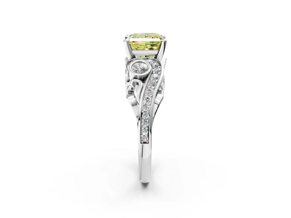 White gold Fancy Yellow Princess Cut Diamond Solitaire Ring with Milgrain Pavé Band and Four-Prong Setting