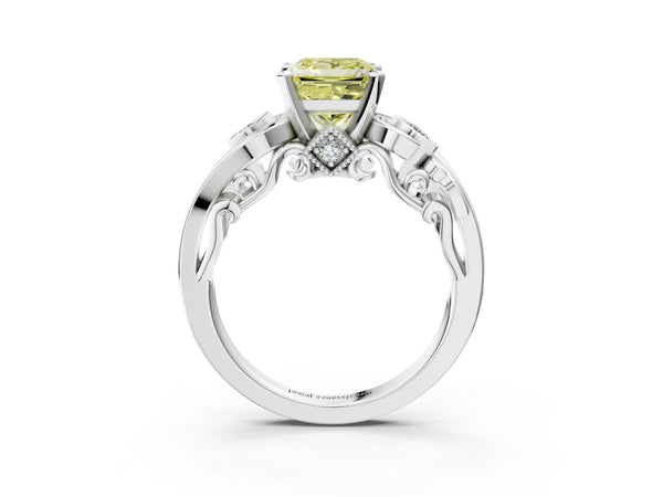 White gold Fancy Yellow Princess Cut Diamond Solitaire Ring with Milgrain Pavé Band and Four-Prong Setting