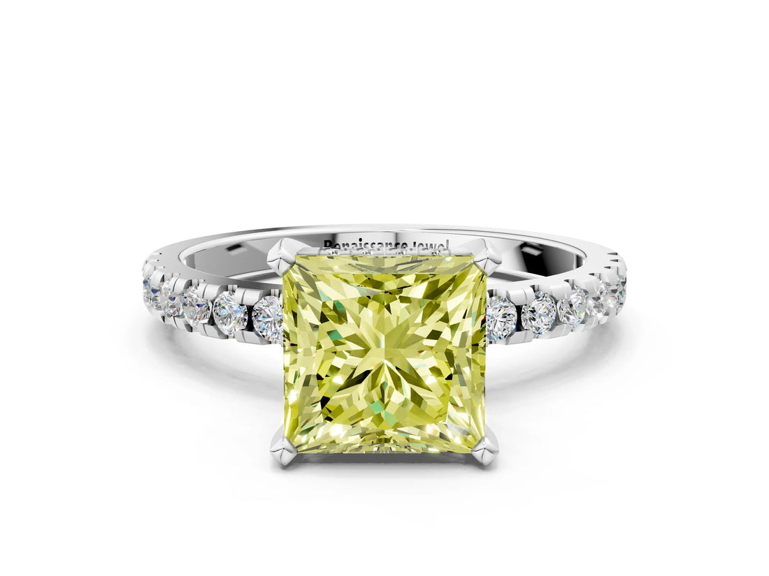 White gold Fancy Yellow Princess Cut Diamond Solitaire Ring with Pavé Band and Four-Prong Setting_29