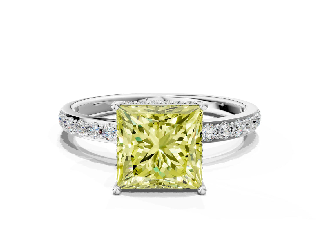 White gold Fancy Yellow Princess Cut Diamond Solitaire Ring with Pavé Band and Hidden Halo_32
