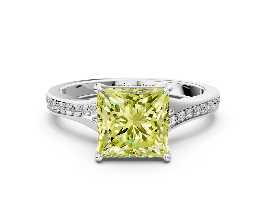 White gold Fancy Yellow Princess Cut Diamond Solitaire Ring with Pavé Band and Prong Setting_12