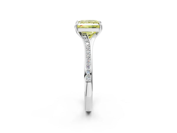 White gold Fancy Yellow Princess Cut Diamond Solitaire Ring with Pavé Band and Prong Setting
