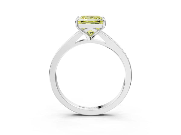 White gold Fancy Yellow Princess Cut Diamond Solitaire Ring with Pavé Band and Prong Setting