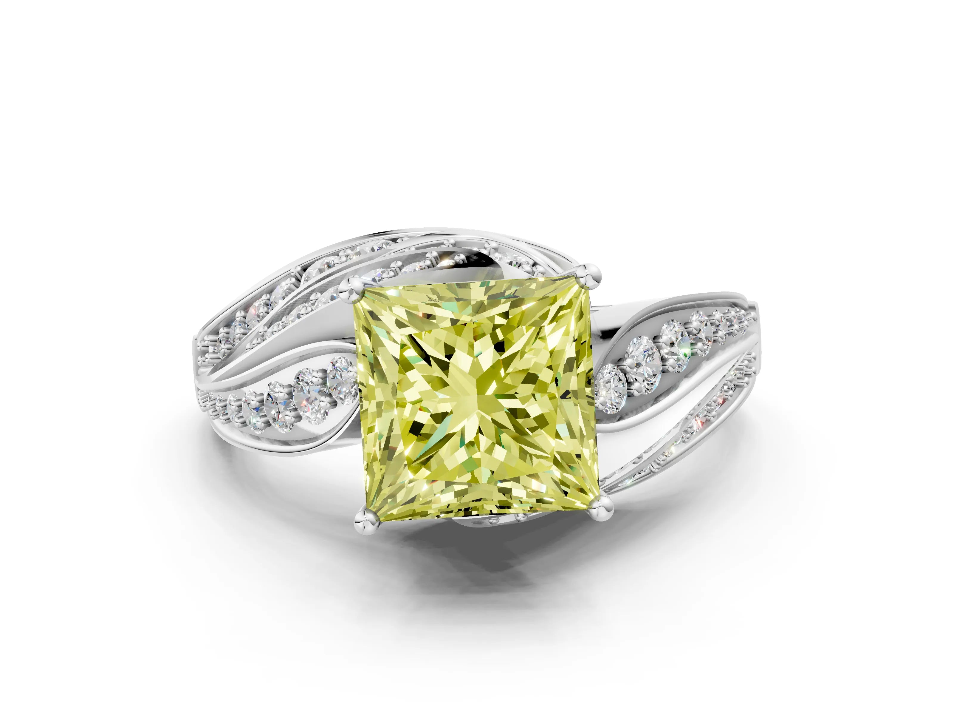 White gold Fancy Yellow Princess Cut Diamond Solitaire Ring with Prong Setting and Twisted Pavé Band_12