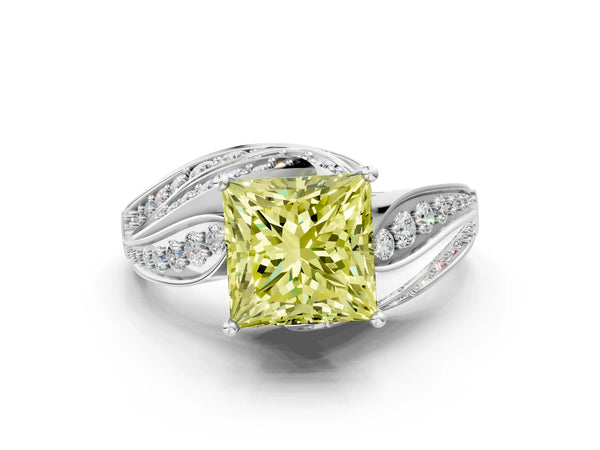 White gold Fancy Yellow Princess Cut Diamond Solitaire Ring with Prong Setting and Twisted Pavé Band