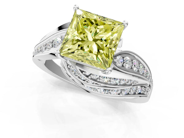 White gold Fancy Yellow Princess Cut Diamond Solitaire Ring with Prong Setting and Twisted Pavé Band