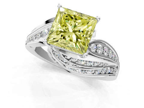 White gold Fancy Yellow Princess Cut Diamond Solitaire Ring with Prong Setting and Twisted Pavé Band_13