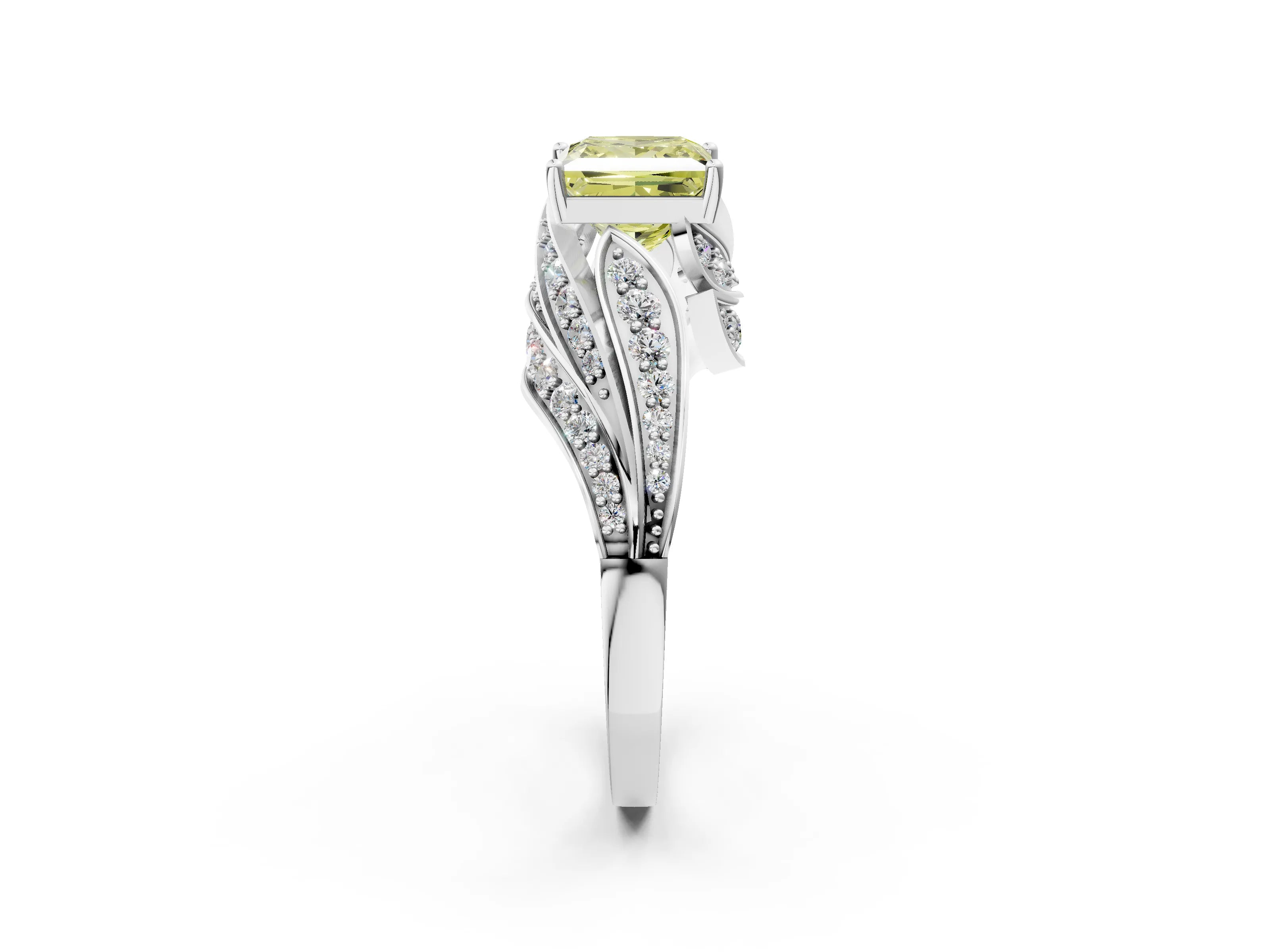 White gold Fancy Yellow Princess Cut Diamond Solitaire Ring with Prong Setting and Twisted Pavé Band_14