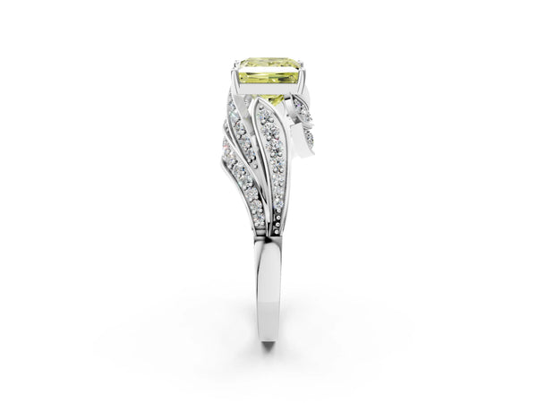 White gold Fancy Yellow Princess Cut Diamond Solitaire Ring with Prong Setting and Twisted Pavé Band