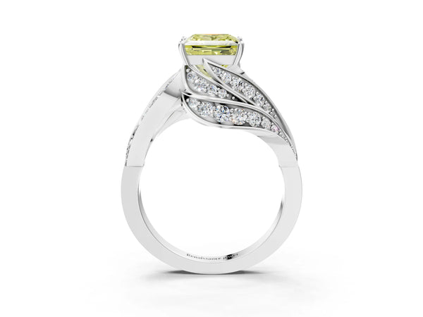 White gold Fancy Yellow Princess Cut Diamond Solitaire Ring with Prong Setting and Twisted Pavé Band