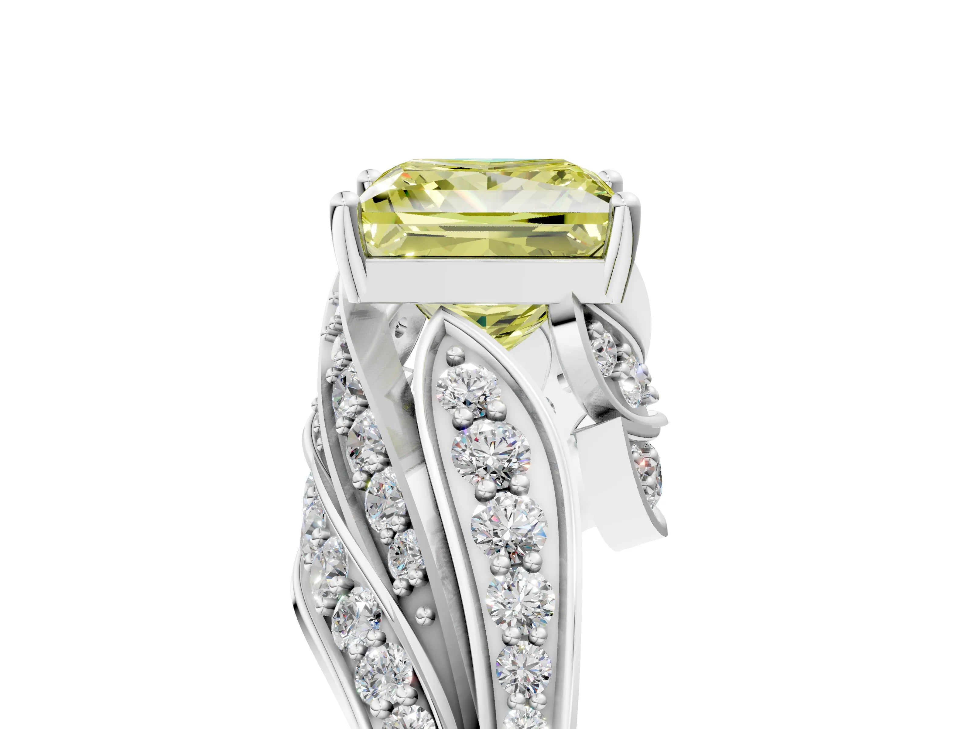 White gold Fancy Yellow Princess Cut Diamond Solitaire Ring with Prong Setting and Twisted Pavé Band_17