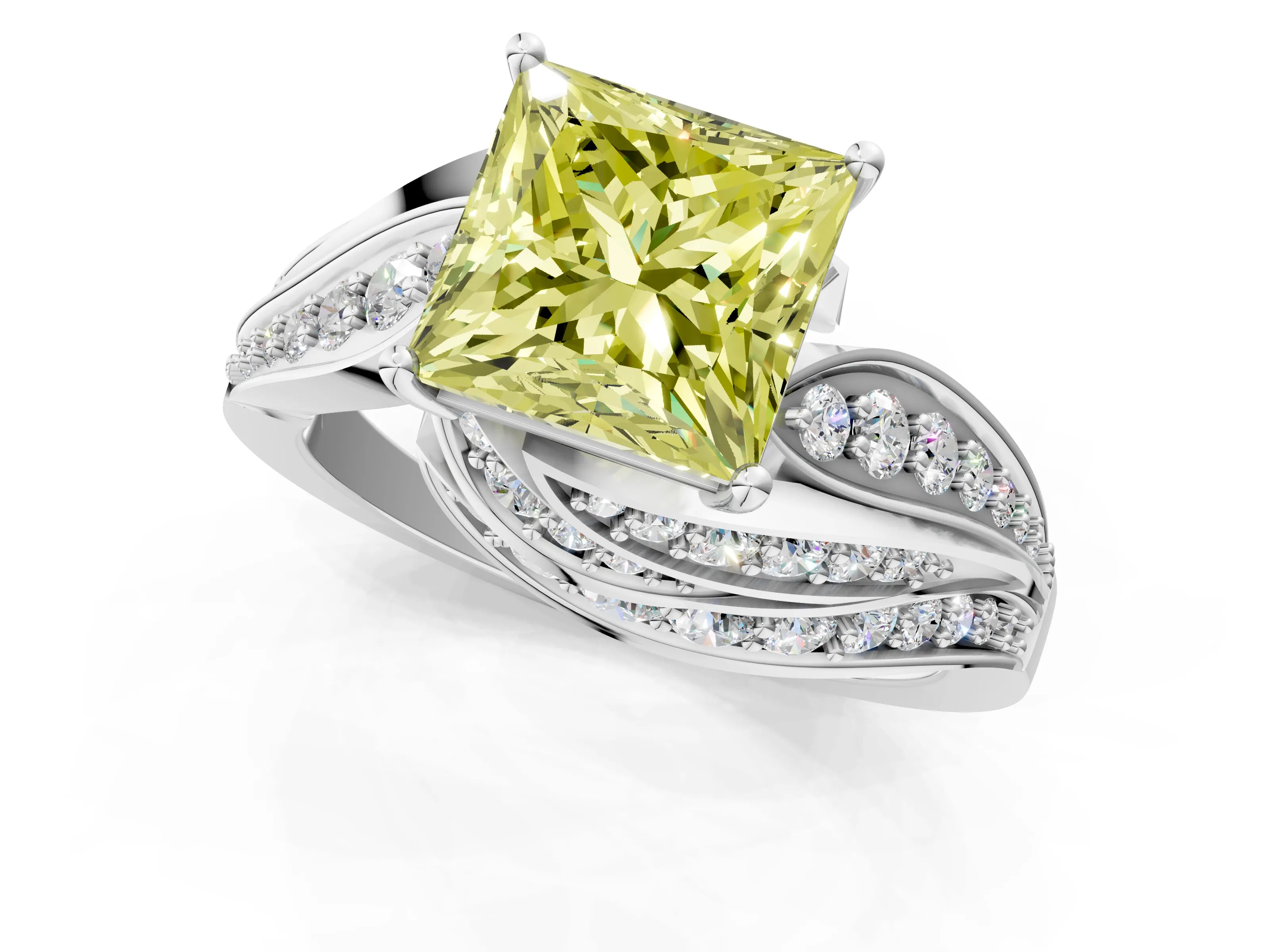 White gold Fancy Yellow Princess Cut Diamond Solitaire Ring with Prong Setting and Twisted Pavé Band_1