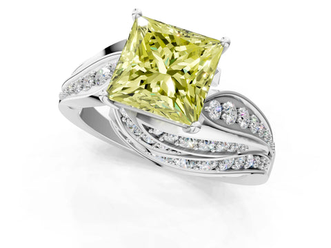 White gold Fancy Yellow Princess Cut Diamond Solitaire Ring with Prong Setting and Twisted Pavé Band_1
