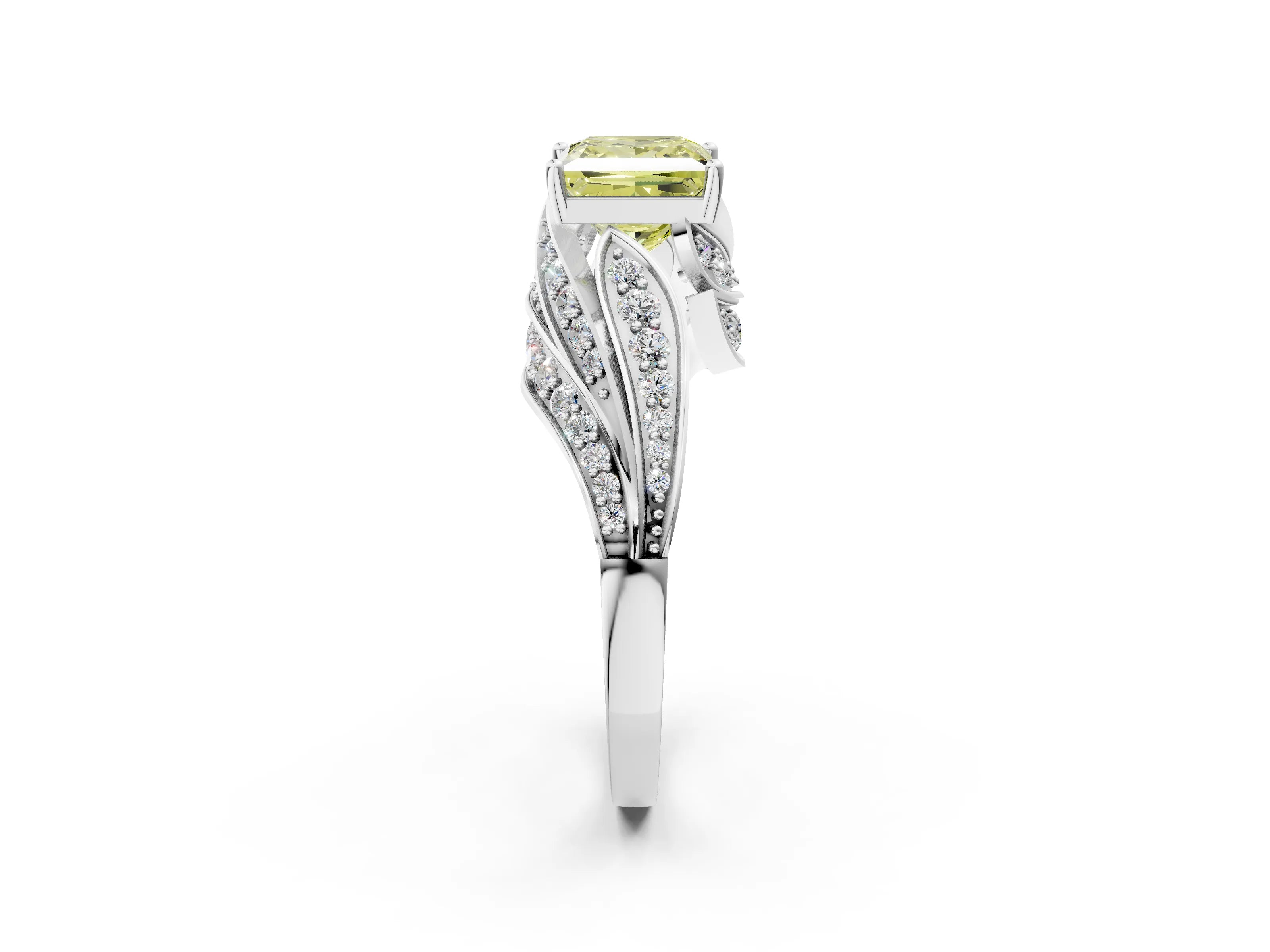 White gold Fancy Yellow Princess Cut Diamond Solitaire Ring with Prong Setting and Twisted Pavé Band_2