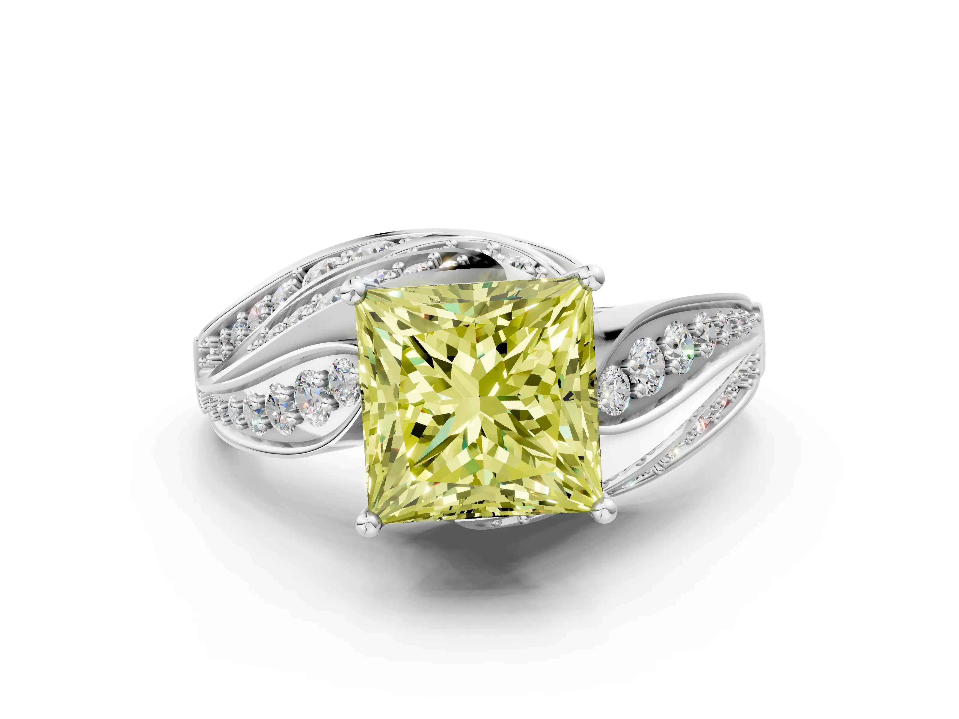 White gold Fancy Yellow Princess Cut Diamond Solitaire Ring with Prong Setting and Twisted Pavé Band