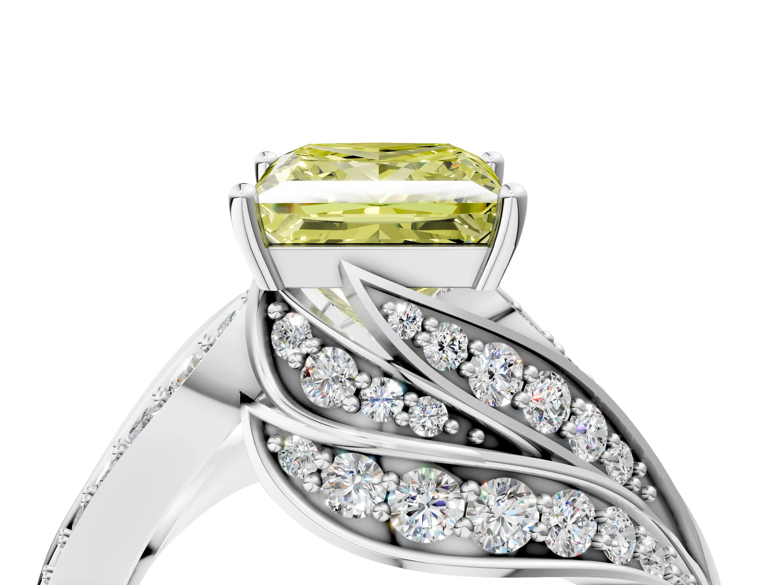 White gold Fancy Yellow Princess Cut Diamond Solitaire Ring with Prong Setting and Twisted Pavé Band_4