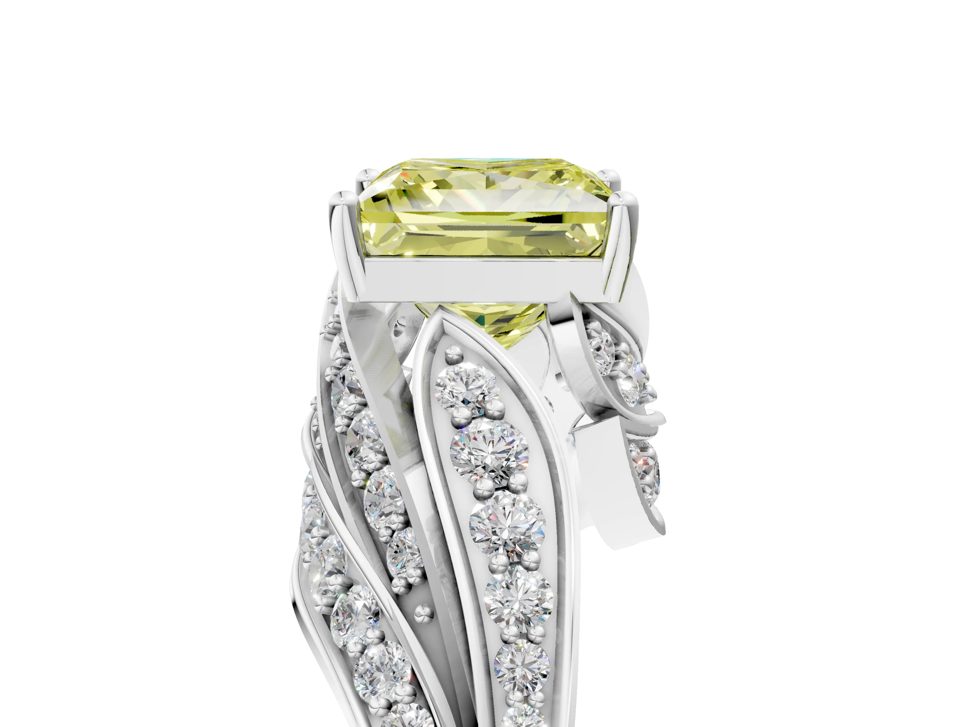 White gold Fancy Yellow Princess Cut Diamond Solitaire Ring with Prong Setting and Twisted Pavé Band_5