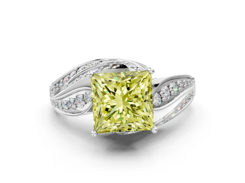 White gold Fancy Yellow Princess Cut Diamond Solitaire Ring with Prong Setting and Twisted Pavé Band