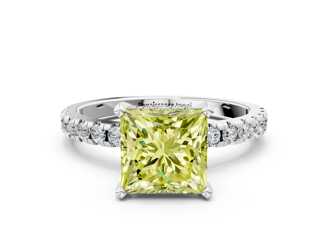 White gold Fancy Yellow Princess Cut Diamond Solitaire Ring with Round  Pavé Band and Four-Prong Setting_60