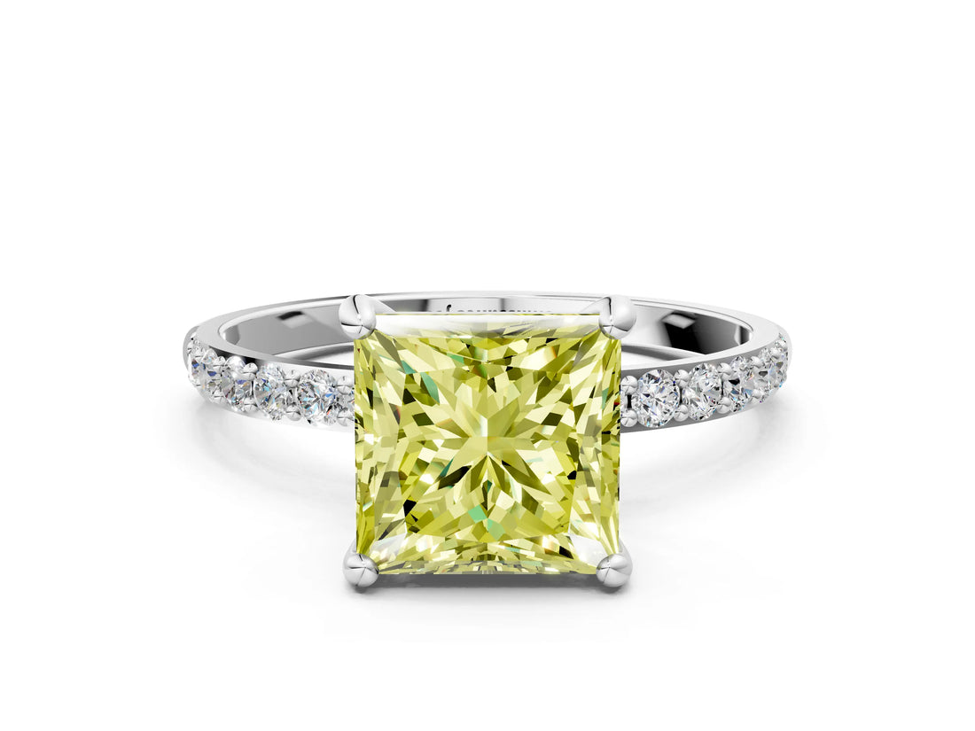 White gold Fancy Yellow Princess Cut Diamond Solitaire Ring with Round  Pavé Band and Prong Setting_72