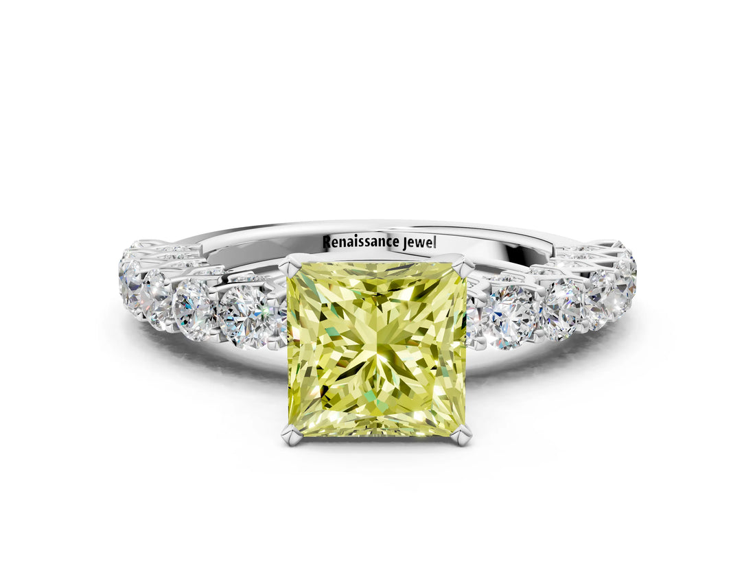 White gold Fancy Yellow Princess Cut Diamond Solitaire Ring with Shared Prong Pavé Band and Four-Prong Setting_33